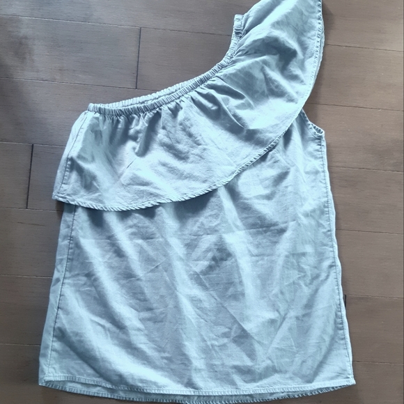 Be-you-ti-ful one shoulder denim top - Picture 2 of 5